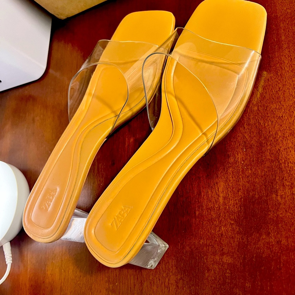 Zara low heeled vinyl mules.
